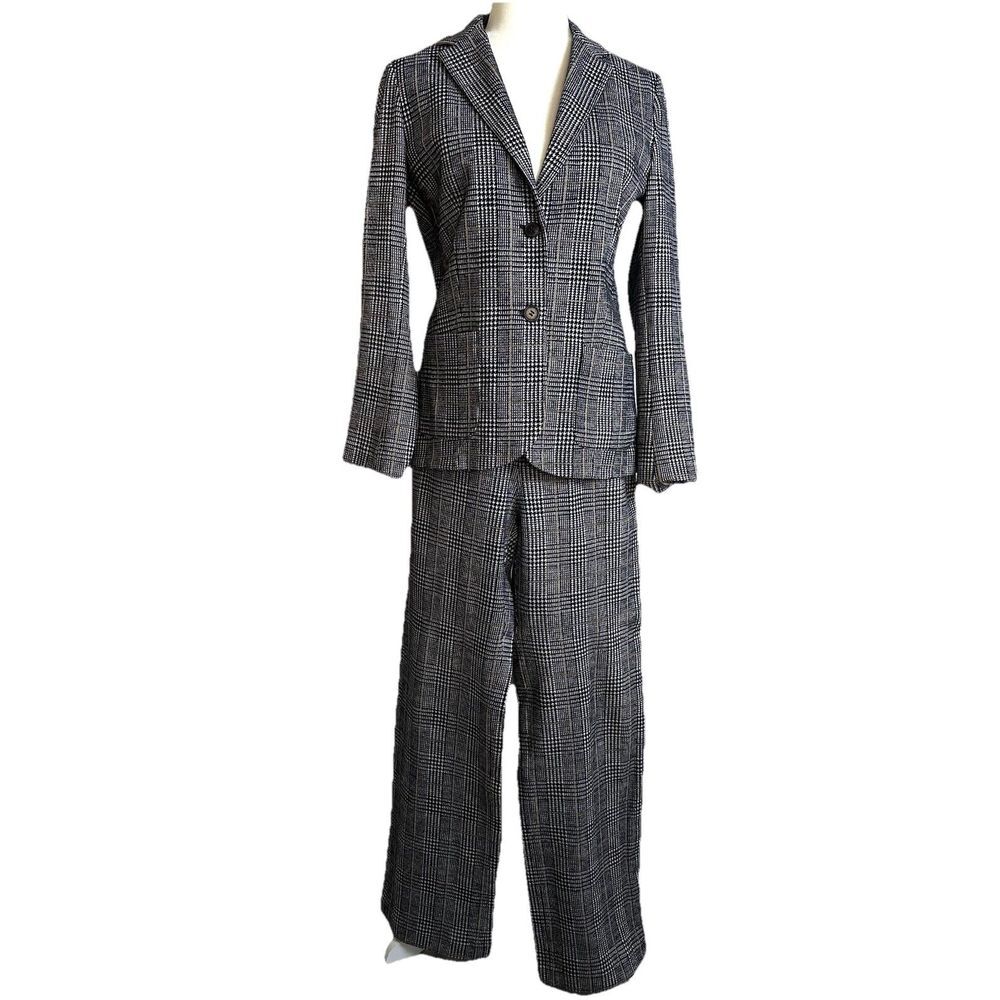 J. MCLAUGHLIN wool/cotton navy‎ & cream glen plaid ponte knit blazer Pants Suit